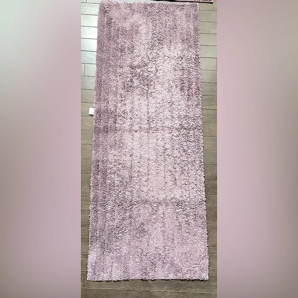 Bath Shower Plum Purple Runner Rug and Purple White Striped Bath Shower Rug Mat